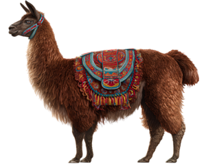 Brown Llama with Ornate Saddle and Bridle on White Background isolated on a transparent background