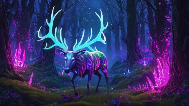 Majestic stag with glowing antlers stands proudly in a mystical forest illuminated by vibrant, colorful crystals, creating a magical and otherworldly atmosphere at night - Powered by Adobe