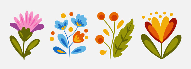 Set of Colorful Abstract Flowers and Plants