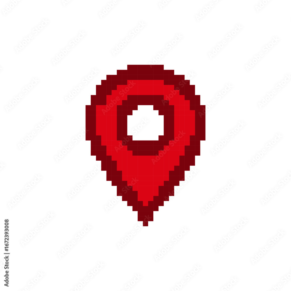 Poster simple pixel art red map pin icon representing location for navigation and digital maps.