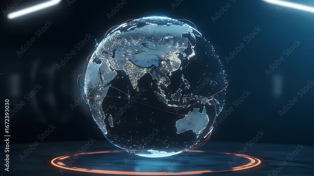 Poster futuristic digital globe with glowing lines on dark background. perfect for technology concepts and 