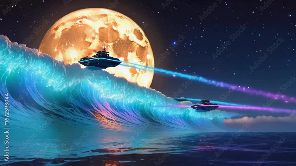 Poster futuristic spaceships are flying over glowing neon waves under a giant moon in a surreal and dreamy 
