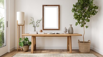 Modern Minimalist Living Room with Wooden Console Table and Green Plants