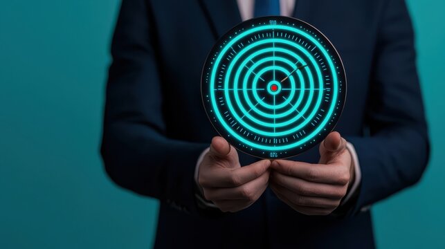 A professional in a suit holds a glowing radar-like device, symbolizing technology and precision in a modern context.