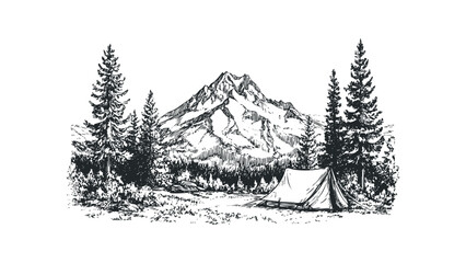 Tent set up at the base of a snowy mountain range surrounded by evergreen trees. Vector hand drawn illustration