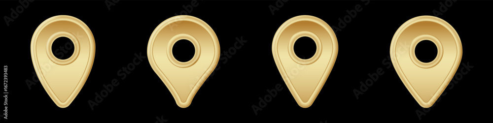 Poster four gold map pin icons are placed in a row, each featuring a simple rounded shape with a hollow cen