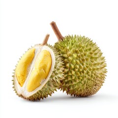 Obraz premium A close-up shot of a durian fruit, showing its spiky outer shell and creamy yellow flesh, revealing the rich texture and unique appearance of this tropical delight. 