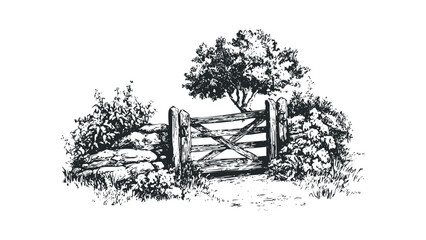 Rustic wooden field gate with stone wall and leafy tree overhead. Vector hand drawn illustration