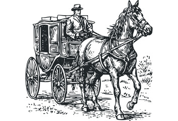 Obraz premium Man Driving Horse Drawn Carriage Through Grassy Field. Vector hand drawn illustration