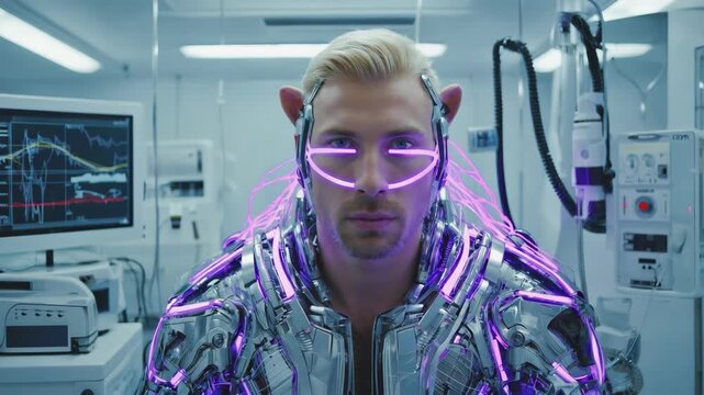 Futuristic cyborg wearing a neon-lit exoskeleton stands in a high-tech laboratory, surrounded by advanced medical equipment and showcasing human augmentation potential