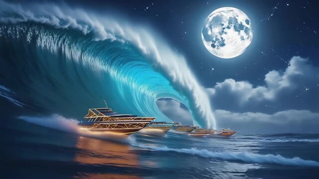 Luxury yachts are escaping a huge ocean wave illuminated by turquoise light under a full moon and starry sky, creating a dramatic and surreal seascape