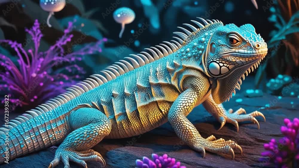 Poster colorful iguana resting on a rock amidst a vibrant, otherworldly environment filled with glowing flo