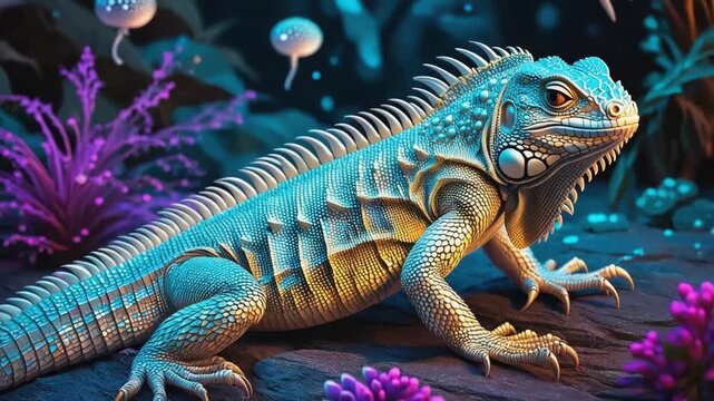 Colorful iguana resting on a rock amidst a vibrant, otherworldly environment filled with glowing flora, creating a captivating and surreal scene that enchants the viewer