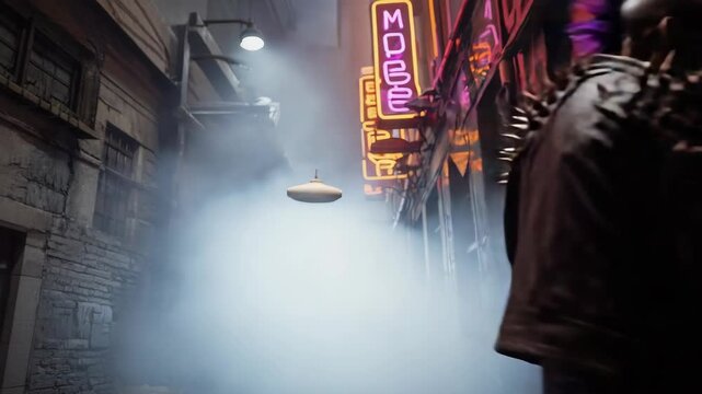 Post-apocalyptic punk zombie with a striking mohawk and studded leather jacket wandering through a dark, fog-filled city alley at night, illuminated by flickering neon signs