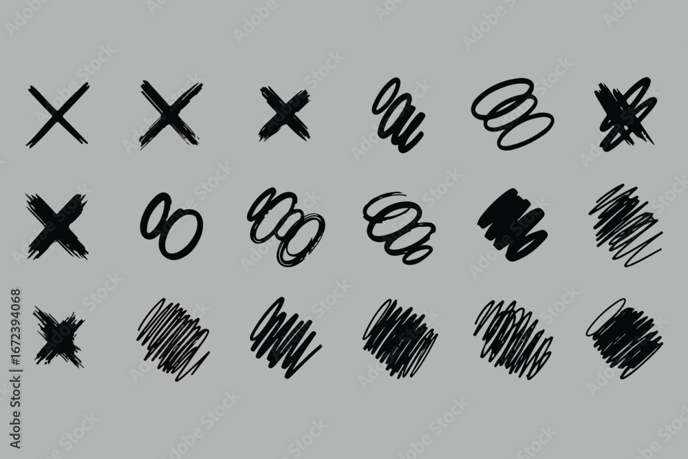 Poster a collection of hand drawn scribbles and cross marks in black ink on a neutral gray background showc
