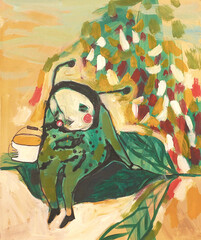 A small bee resting on a leaf with a pot of honey