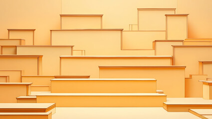 A stepped arrangement of rectangular platforms and boxes in various sizes, creating a tiered display or stage against an orange background