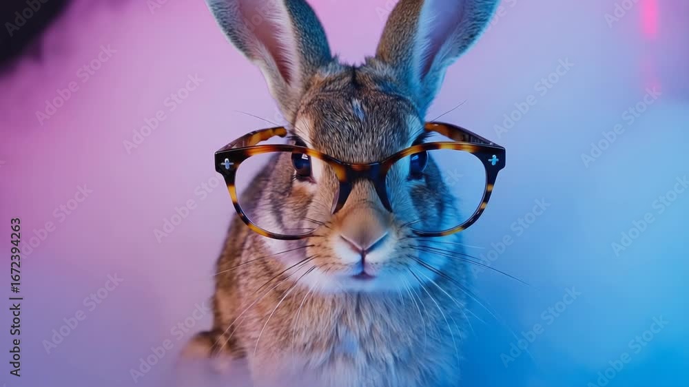 Poster close-up portrait of a rabbit wearing glasses in a vibrant neon-lit environment, creating a striking