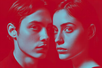 Obraz premium Striking Monochromatic Dual Portrait in Cyan and Red Halftone
