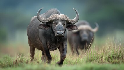 Kenyan buffalo on green grass, walking in slow motion - Powered by Adobe