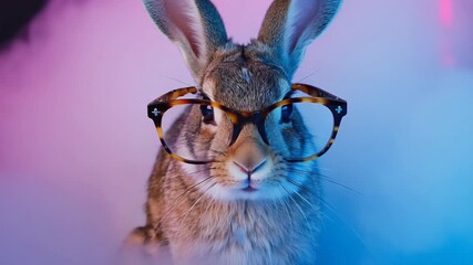Close-up portrait of a rabbit wearing glasses in a vibrant neon-lit environment, creating a striking and surreal image with a touch of humor and intelligence