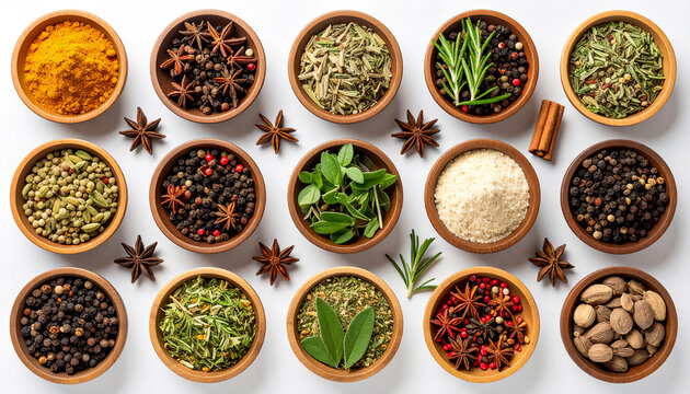 Kitchens dried herbs and spices in bowls on white table surface