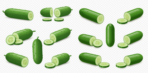 Collection of whole and sliced cucumbers, various angles and positions.