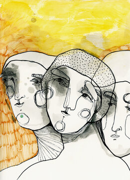 Naklejki Three heads and a yellow background