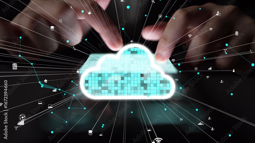 Poster a captivating visual representation of hands engaging with a digital cloud, highlighting data intera