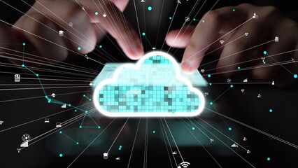 A captivating visual representation of hands engaging with a digital cloud, highlighting data interaction and technology in a modern, abstract background. Xenic