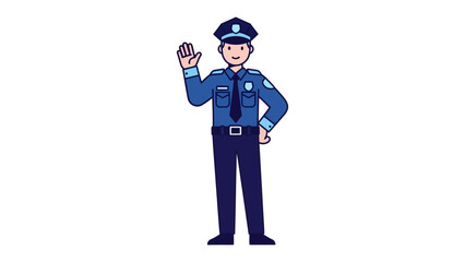Policeman: a policeman with a uniform standing and giving a welcoming gesture and waving with a positive attitude.