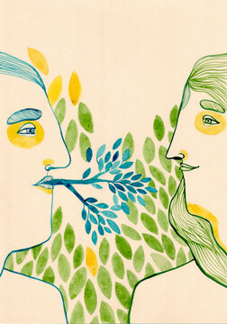 Man holding a tree in his mouth and looking at a woman