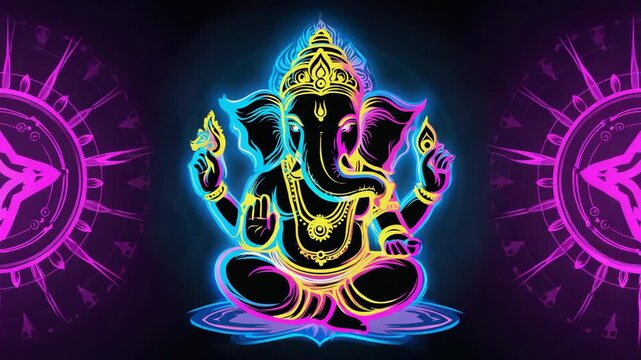 Colorful illustration of ganesha, the hindu god of wisdom, success, and new beginnings, sitting in a lotus position and holding a lotus flower, with decorative elements in the background