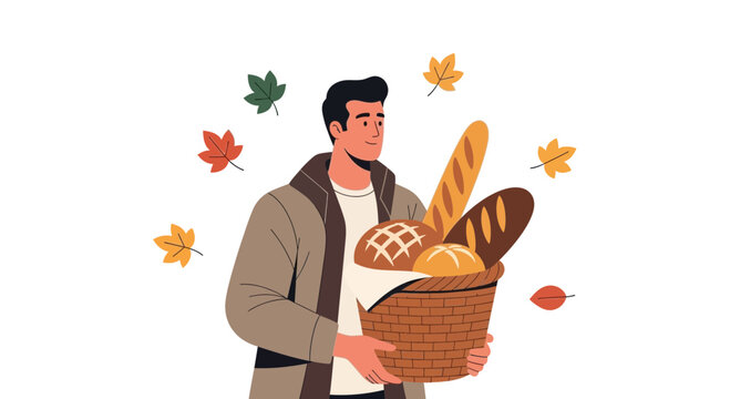 A Man Smilingly Carries a Basket Filled With Freshly Baked Bread and Decorated by Autumnal Leaves
