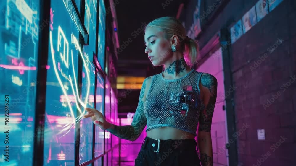 Poster cyberpunk woman with tattoos and futuristic device interacting with glowing touchscreen interface in