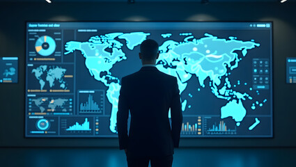 Businessman analyzing futuristic digital dashboards with global data, charts, and analytics. Concept of artificial intelligence, big data, business intelligence, and technology innovation.