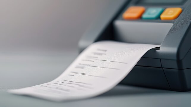 A close-up view of a receipt printer with a paper receipt emerging, showcasing digital transaction details.
