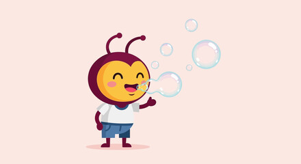 Fototapeta premium A Cheerful Animated Bee Character Blissfully Blowing Bubbles Into The Air