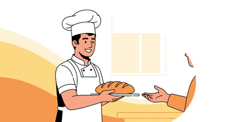 A Cheerful Baker Presents Freshly Baked Loaf Of Bread To A Customer In A Bakery