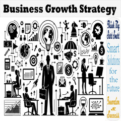 Business Growth Strategy Illustration with Icons Set, Corporate Planning and Success Concept, Finance and Marketing Infographic, Innovation and Leadership Development for Teamwork and Business Solutio