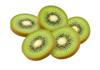 Fototapeta premium Fresh floating kiwi fruit slices with vibrant green flesh and seeds, ideal for food, tropical fruit, and healthy nutrition designs. isolated on white or transparent background. PNG