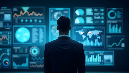 Businessman analyzing futuristic digital dashboards with global data, charts, and analytics. Concept of artificial intelligence, big data, business intelligence, and technology innovation.