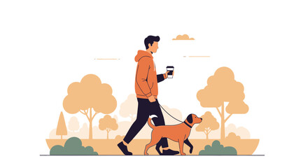 A Person Walks Their Dog While Drinking Coffee In A Beautiful Park Setting