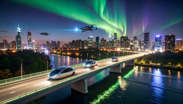 Futuristic city at night with flying vehicles - Powered by Adobe