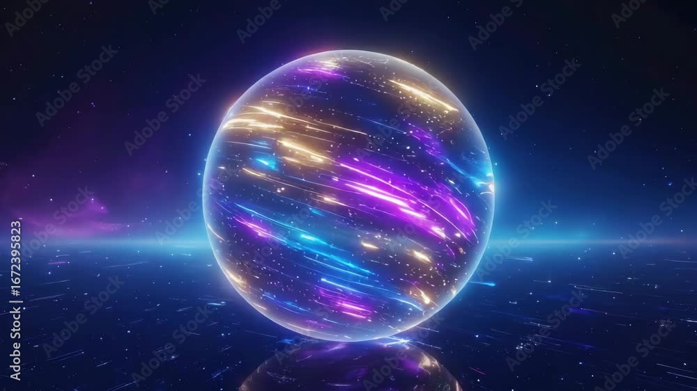Poster colorful streaks of light swirling around a transparent sphere, creating a mesmerizing display of en