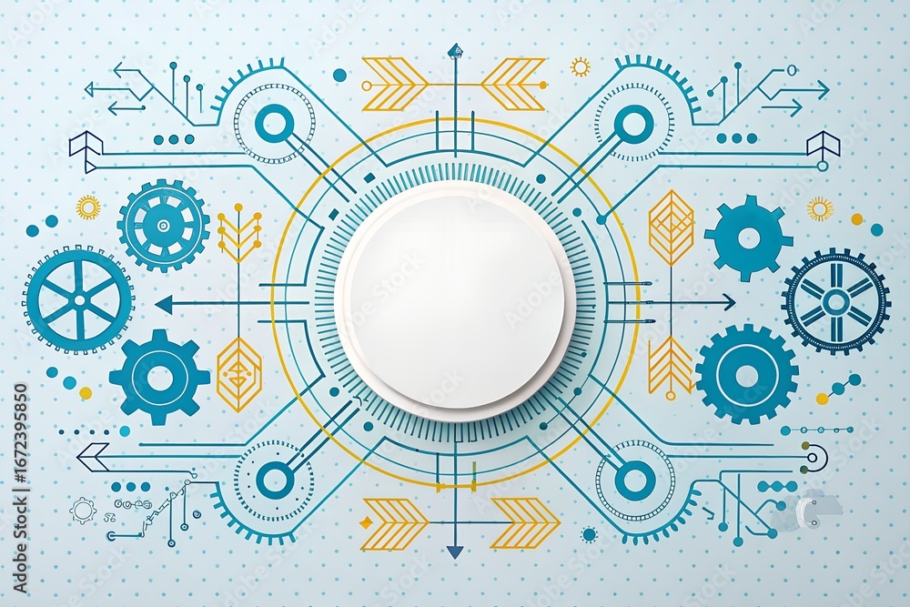Poster abstract digital network blueprint with intricate gears, arrows, and circuit patterns, symbolizing i