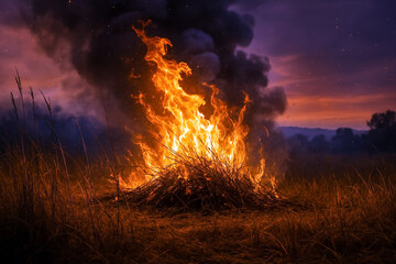 Intense Bonfire at Twilight – Large Flames and Smoke Rising from Fire in Open Grassy Field with Purple Sunset Sky, Symbolizing Energy, Ritual, and Natural Contrast in Scenic Landscape