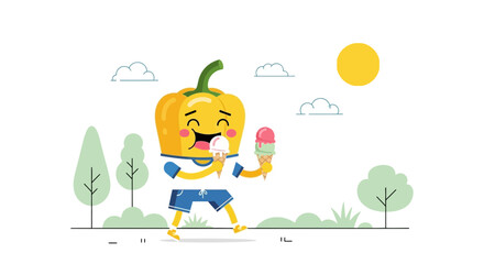 A Cheerful Cartoon Illustration of a Pepper Character Enjoying Ice Cream on a Sunny Day