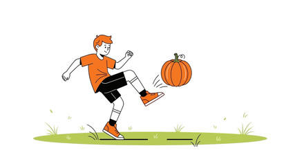 A Playful Young Boy Kicks a Pumpkin in a Whimsical Autumnal Outdoor Setting