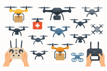 Flat Vector Illustration Set of Drones and Quadcopters for Delivery, Rescue, and Surveillance